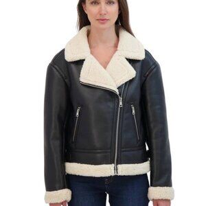 NEW SEBBY COLLECTION Women's Jacket Faux Leather Shearling Moto Size S Black
